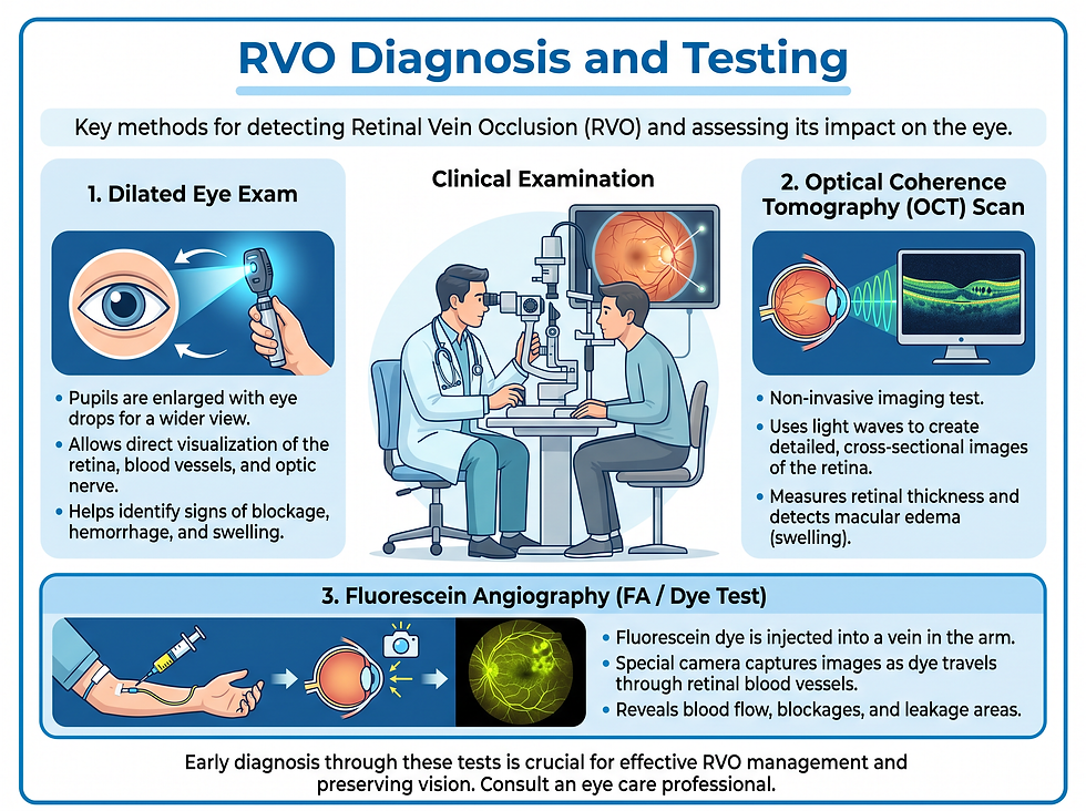 RVO diagnosis and testing: dilated eye exam, OCT scan, and fluorescein angiography