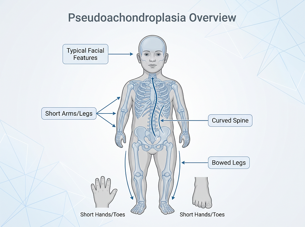 Overview illustration of pseudoachondroplasia showing typical facial features, short arms and legs, a curved spine, bowed legs, and short hands and toes.