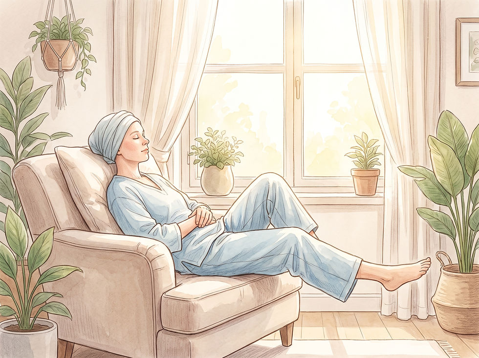 A serene medical illustration of a patient resting comfortably at home, emphasizing the importance of recovery and skin protection after radiation therapy.