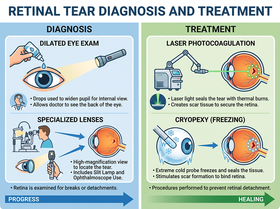 Retinal tear diagnosis and treatment: dilated eye exam, laser photocoagulation, and cryopexy