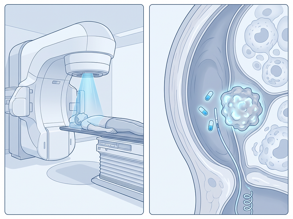 Illustration of external beam radiation therapy directed at a patient on a treatment table, beside a close-up of internal radiation and medication acting on a tumor.
