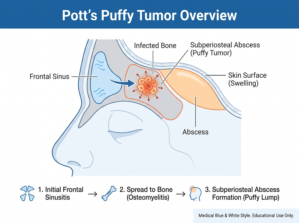 Illustration of Pott's puffy tumor showing a fluid-filled forehead abscess and the spread of infection from the frontal sinuses to the frontal bone.