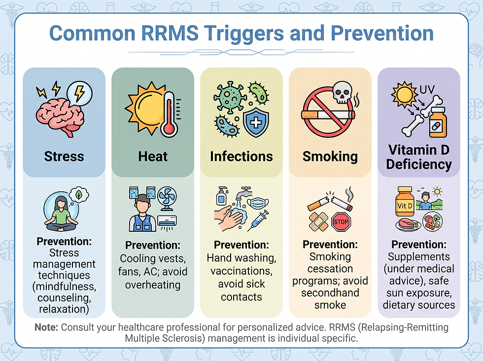 Infographic of common RRMS triggers, including stress, heat, infections, smoking, and vitamin D deficiency, with a prevention strategy for each