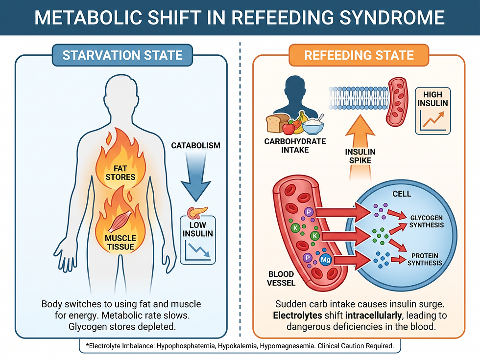 Infographic comparing the starvation state with the refeeding state, showing the insulin spike and the shift of electrolytes into cells