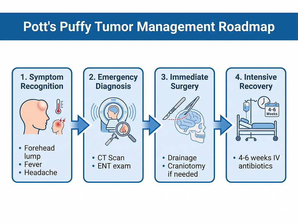 Clinical roadmap for Pott's puffy tumor from initial symptoms such as forehead swelling, fever, and headache, through CT imaging and emergency surgical drainage, to weeks of intravenous antibiotics.