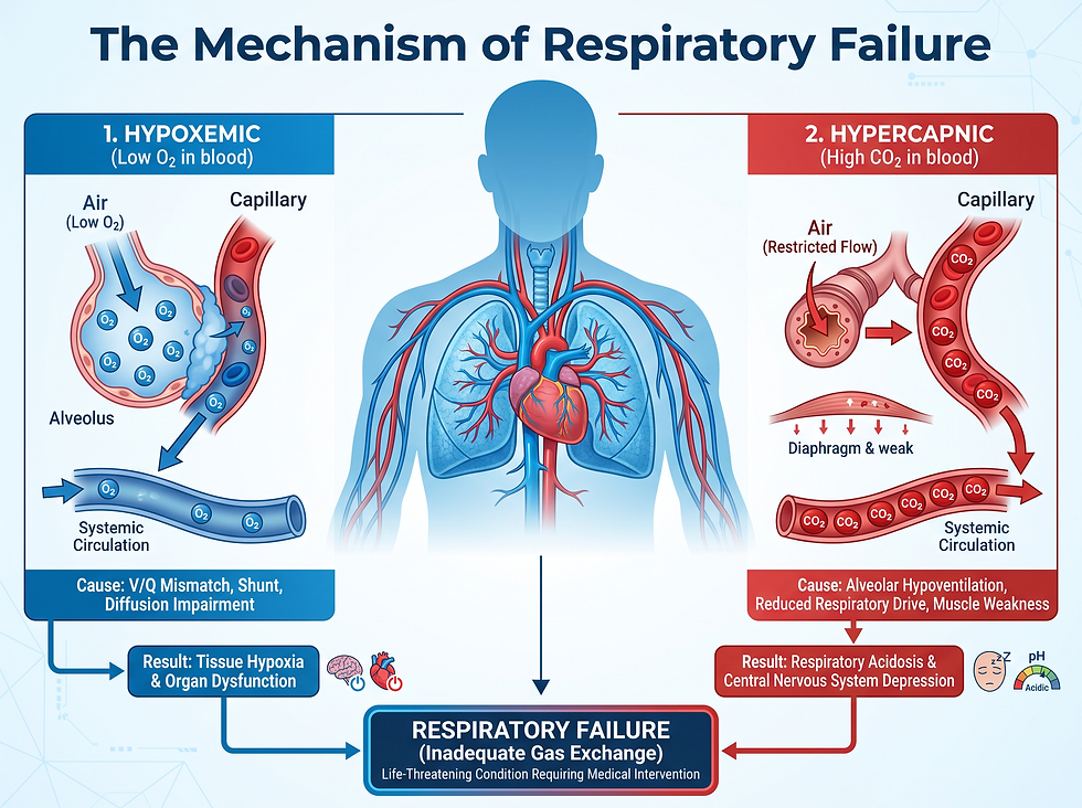The mechanism of respiratory failure: hypoxemic and hypercapnic types