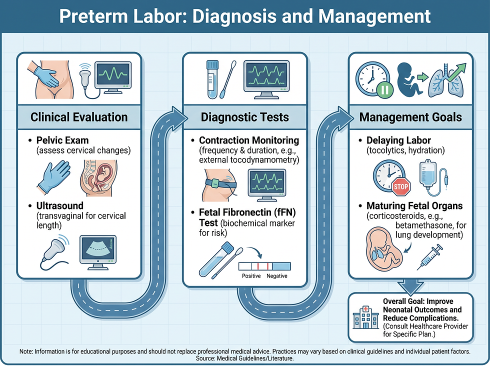 Preterm labor diagnosis and management roadmap covering clinical evaluation, diagnostic tests such as fetal fibronectin, and management goals including delaying labor and maturing fetal organs.
