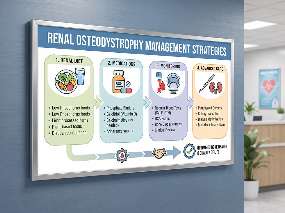 Four-step roadmap for managing renal osteodystrophy: renal diet, medications such as phosphate binders and calcitriol, monitoring with blood tests and DXA scans, and advanced care including parathyroid surgery and kidney transplant.