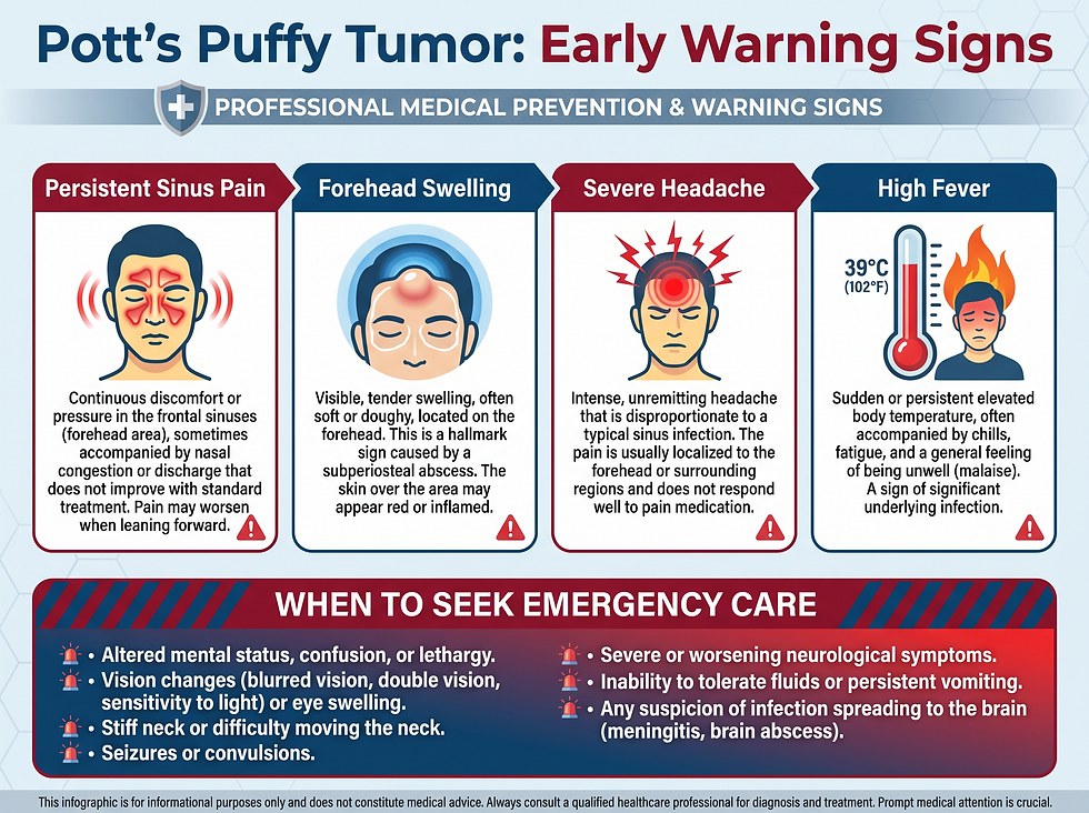Prevention guide for Pott's puffy tumor highlighting sinus health, treating sinusitis promptly, and recognizing early warning signs such as forehead swelling, fever, and worsening headaches.