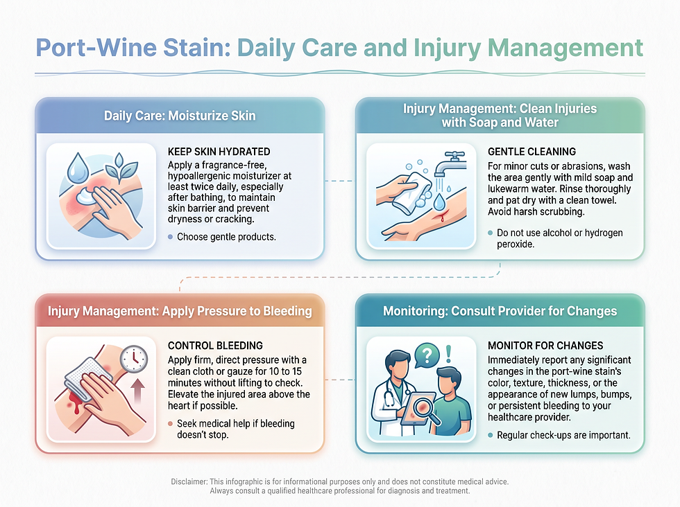 Daily care guide for port-wine stains: regular moisturizing, cleaning any injury with soap and water, and applying firm pressure with a clean bandage if the mark bleeds.
