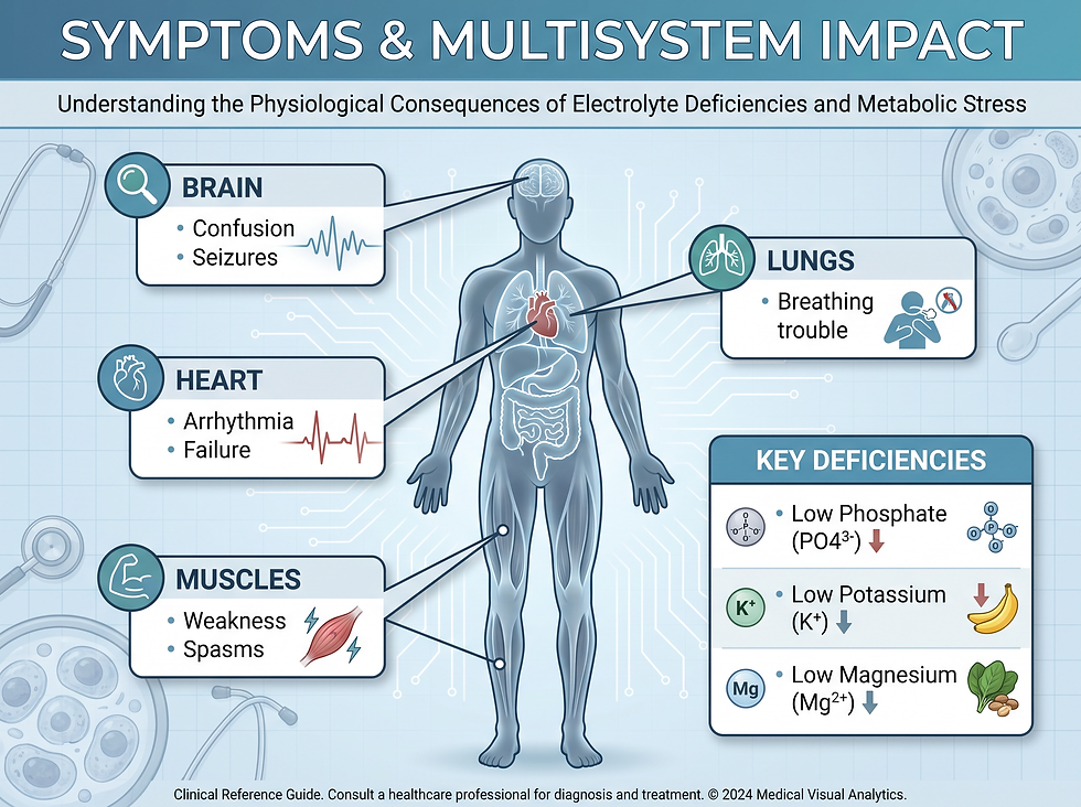 Multisystem impact of refeeding syndrome on the brain, heart, lungs, and muscles, with key deficiencies of phosphate, potassium, and magnesium
