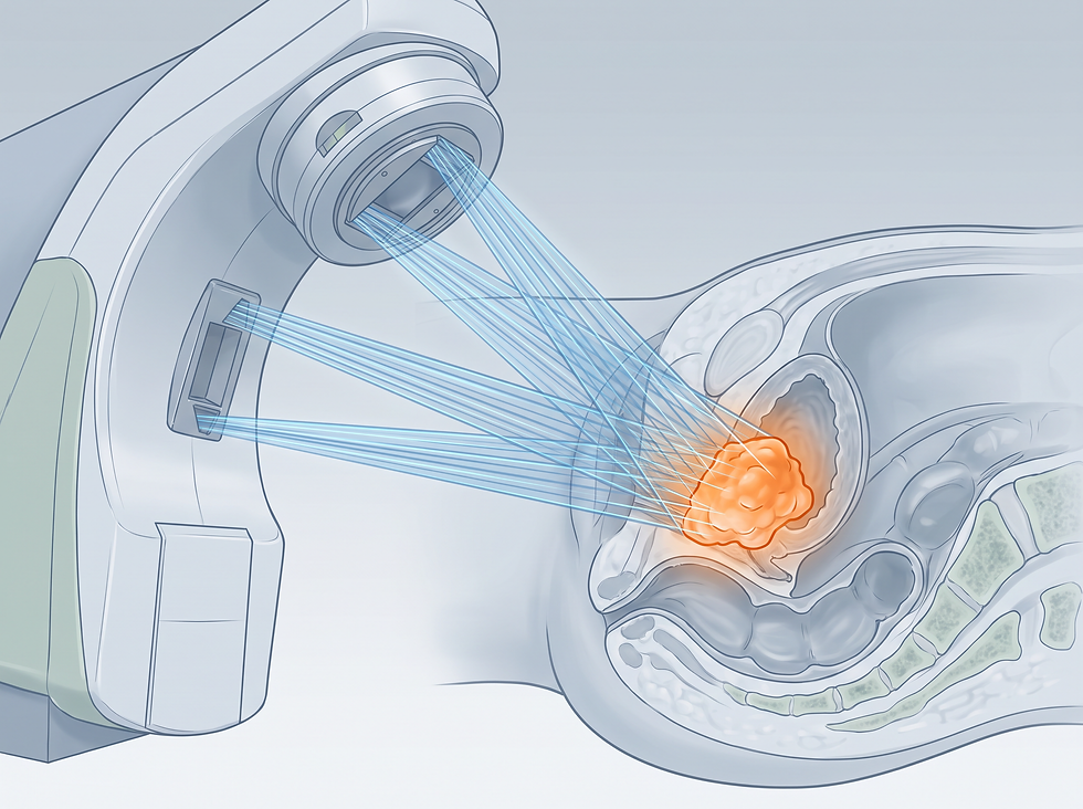 A professional medical illustration showing a linear accelerator delivering precise, modulated radiation beams to a targeted tumor while sparing healthy surrounding organs.