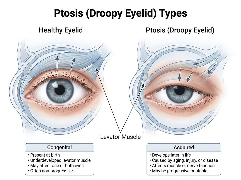 Side-by-side illustration of a healthy eyelid and a drooping eyelid, showing the levator muscle and summarizing congenital versus acquired ptosis.