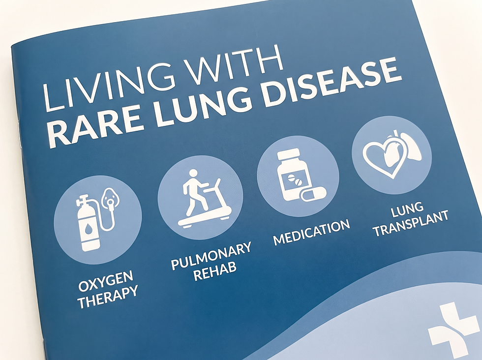 Living with rare lung disease guide showing management options: oxygen therapy, pulmonary rehab, medication, and lung transplant.
