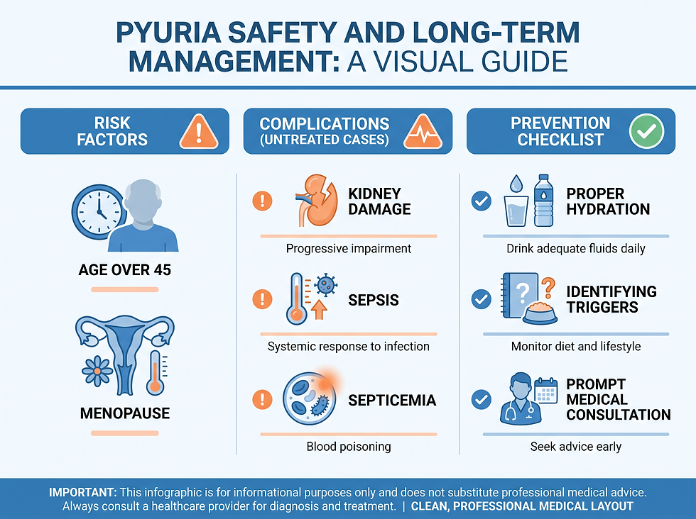 Pyuria safety and long-term management guide covering risk factors, complications of untreated cases such as kidney damage, sepsis, and septicemia, and a prevention checklist.