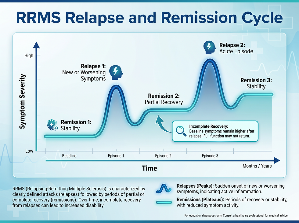 Line graph of the RRMS relapse and remission cycle showing symptom severity peaks during relapses and plateaus during remission over time