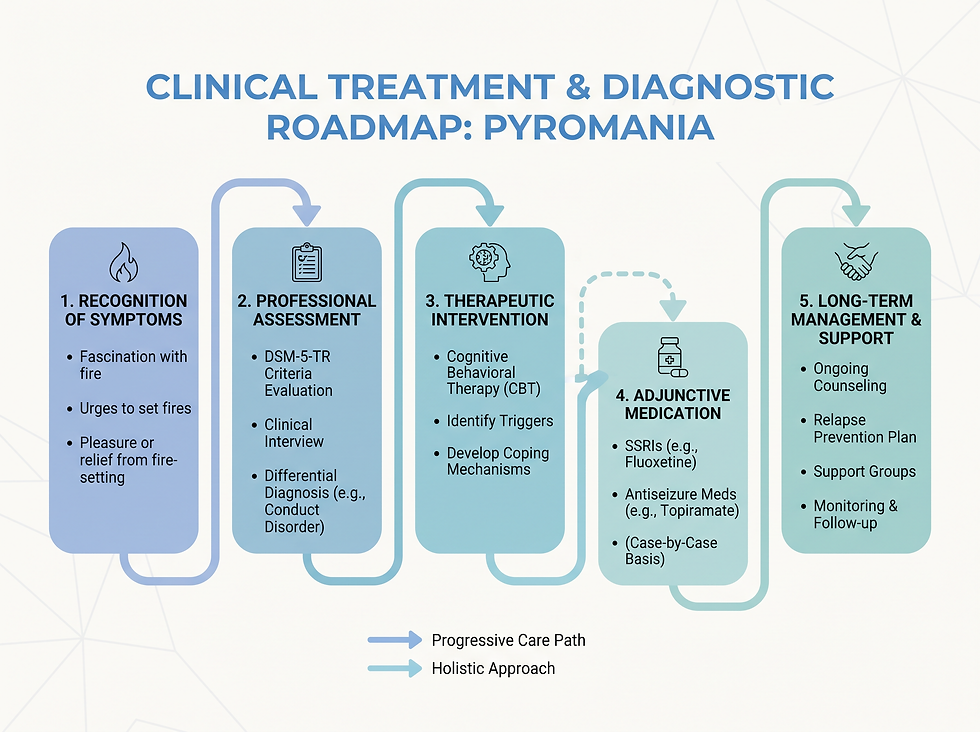 Clinical treatment and diagnostic roadmap for pyromania: recognition of symptoms, professional assessment, therapeutic intervention with CBT, adjunctive medication, and long-term management and support.