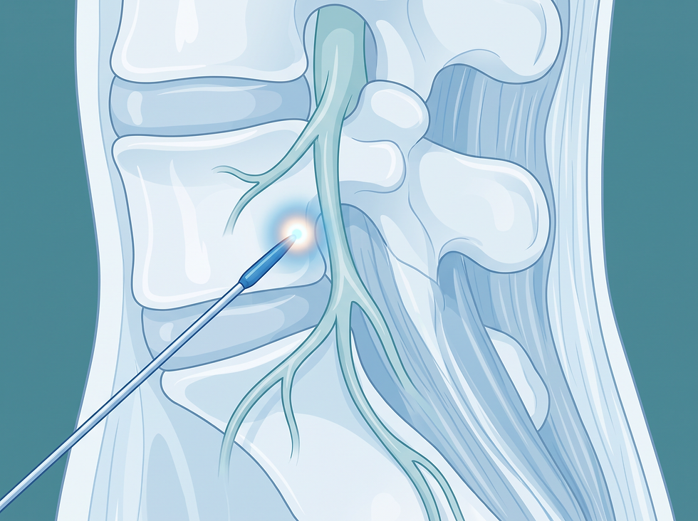 Illustration of radiofrequency ablation heating a nerve near a lumbar facet joint to block pain signals