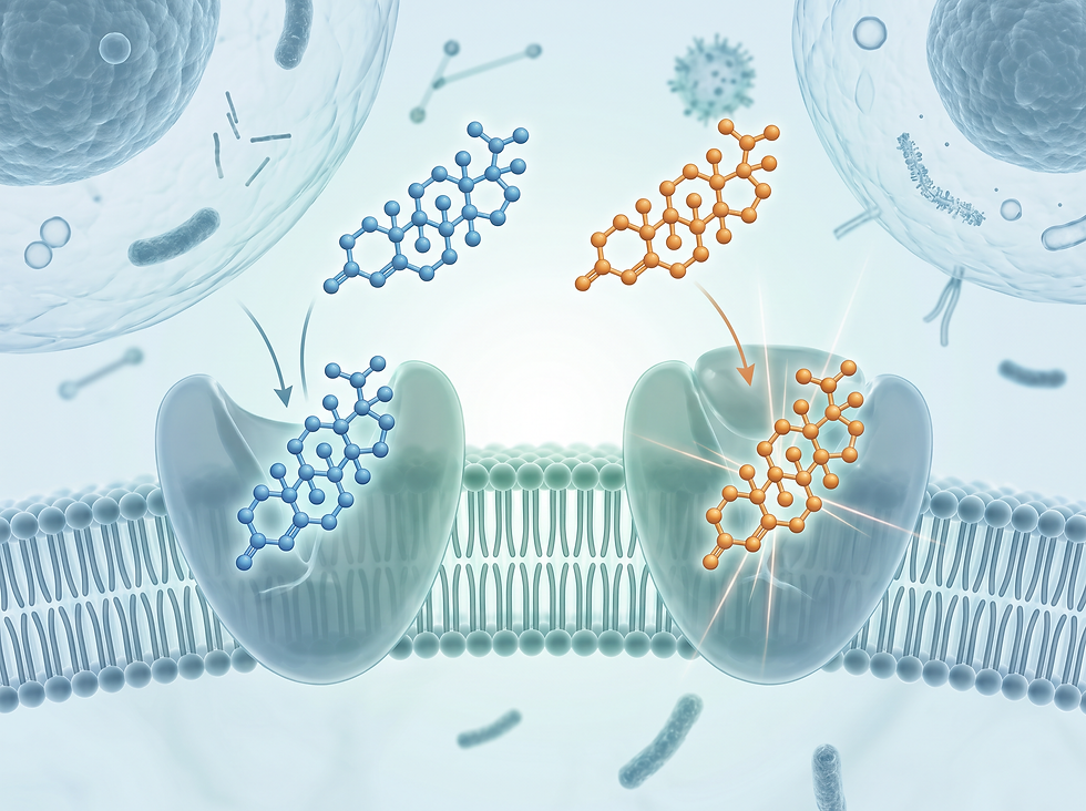 Conceptual illustration of a blue natural progesterone molecule and an orange synthetic progestin molecule binding to receptors embedded in a cell membrane.