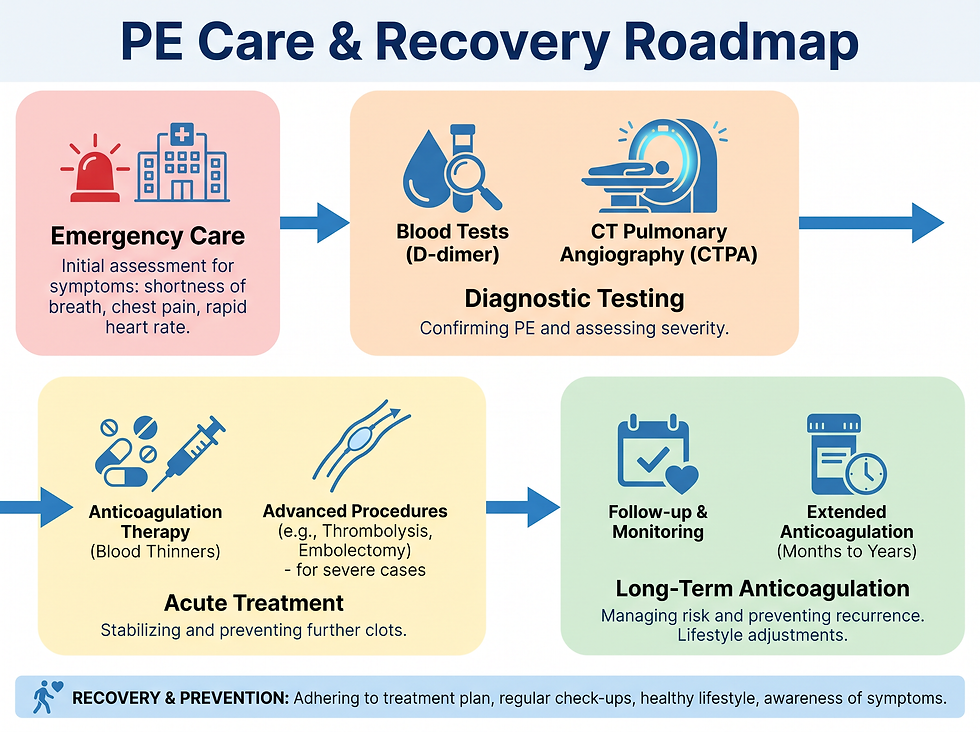 Roadmap of pulmonary embolism care from emergency assessment and diagnostic testing to acute anticoagulation, advanced procedures for severe cases, and long-term follow-up.