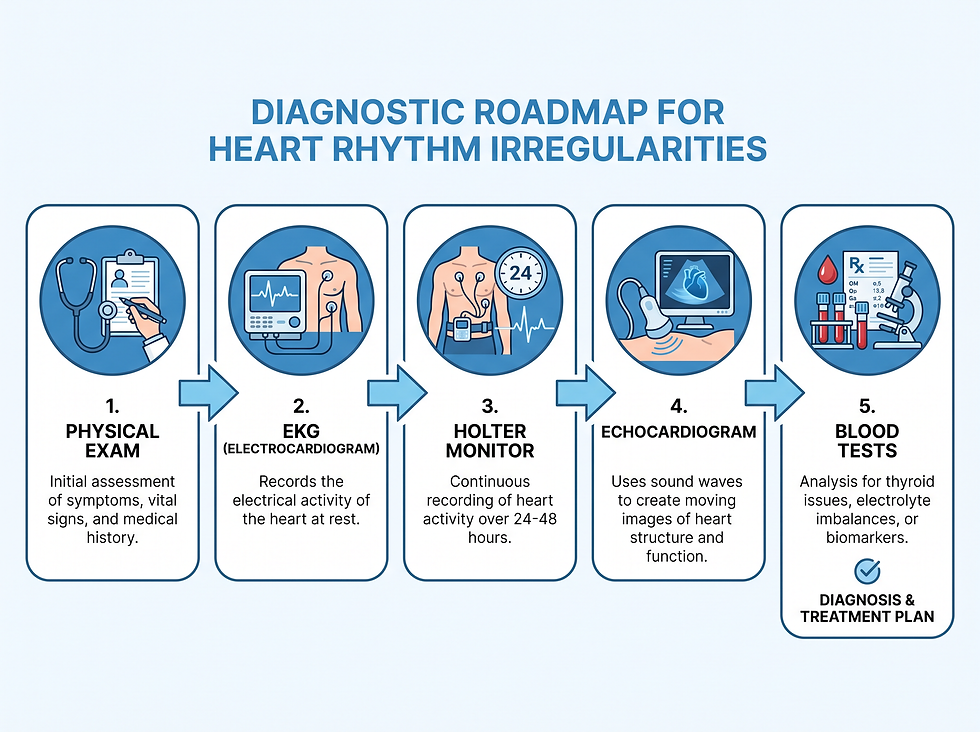 Five-step diagnostic roadmap for heart rhythm irregularities: physical exam, EKG, Holter monitor, echocardiogram, and blood tests.