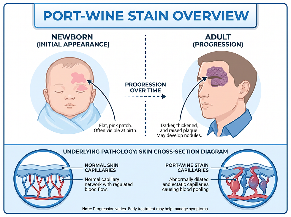 Illustration showing the appearance and typical locations of port-wine stains on the face, neck, and scalp, and how the birthmark changes from a flat pink patch to a darker, raised mark over time.