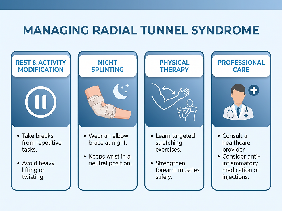 Infographic of radial tunnel syndrome management: rest and activity modification, night splinting, physical therapy, and professional care.