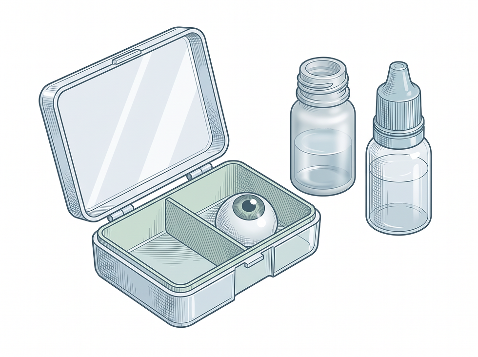 Illustration of an open clear storage case holding a prosthetic eye, beside two small bottles of cleaning solution and lubricating drops.
