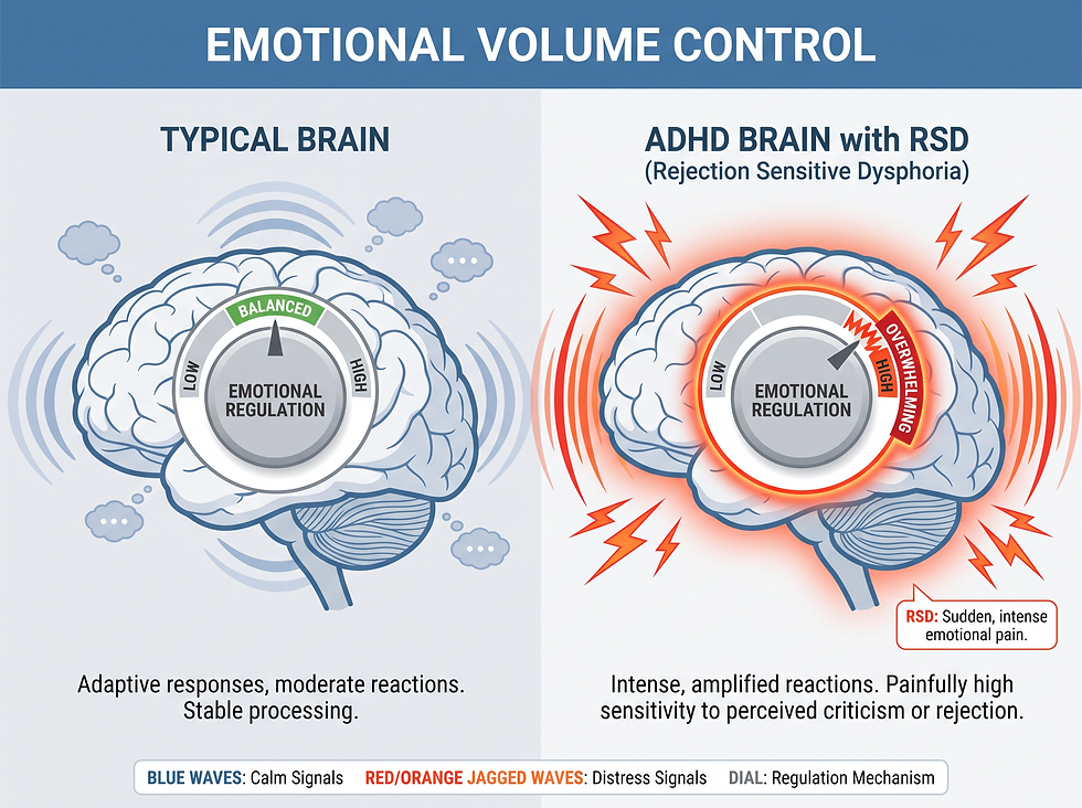 Side-by-side illustration of a typical brain with balanced emotional regulation and an ADHD brain with rejection sensitive dysphoria showing an overwhelmed emotional dial