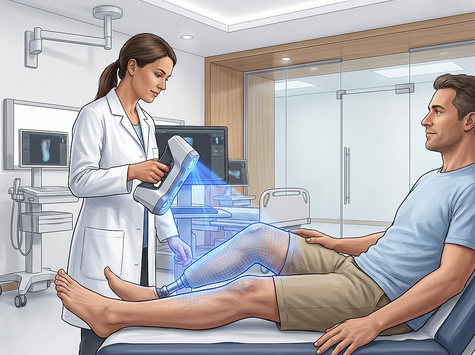 A conceptual illustration of a prosthetist using a 3D scanner to capture the precise contours of a residual limb for a custom fit.