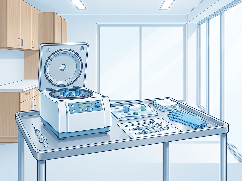 A sterile PRP procedure setup with a centrifuge, syringes, gauze, and gloves arranged on a clean medical tray
