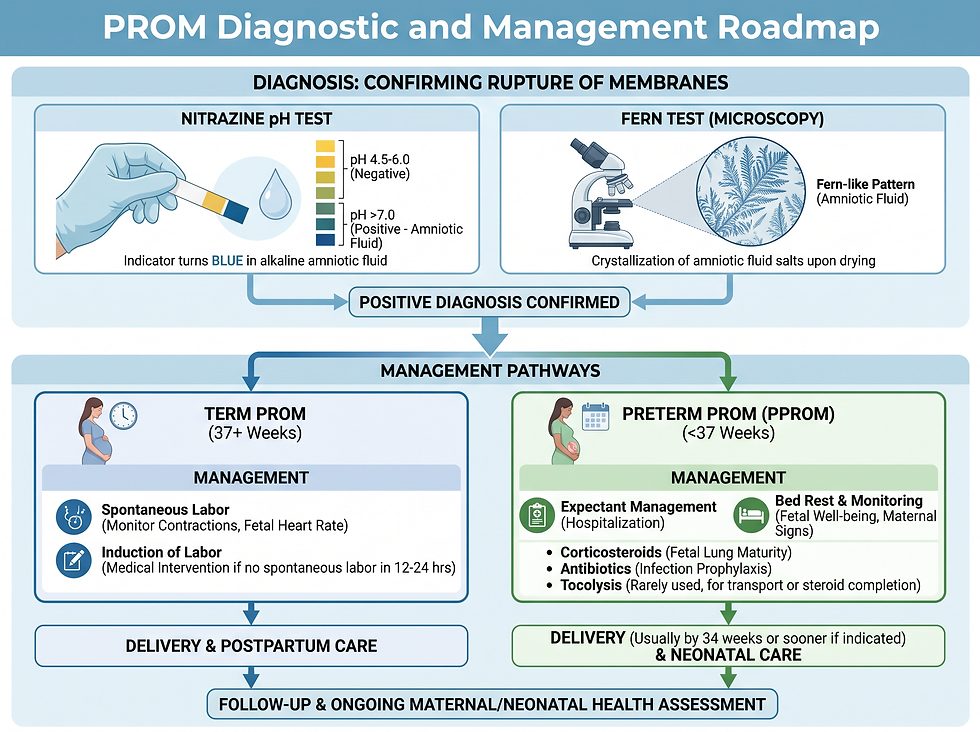 Flowchart of the PROM diagnostic and management roadmap, from Nitrazine pH and fern testing to term PROM and preterm PROM management pathways.