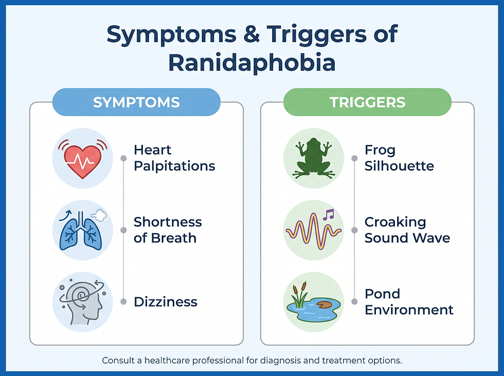 Infographic of ranidaphobia symptoms and triggers, including panic symptoms and frog-related fear triggers