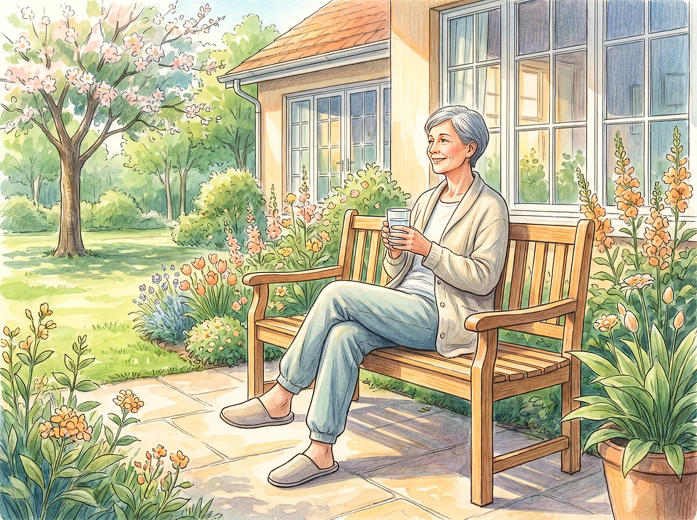 Watercolor-style illustration of a smiling person holding a glass of water on a garden bench, representing recovery and wellness after radiation therapy.