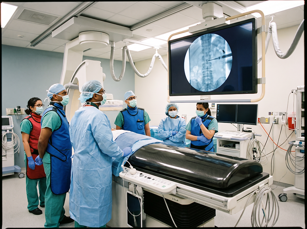Medical team in protective lead aprons watching a fluoroscopy X-ray screen during a spine radiofrequency ablation procedure