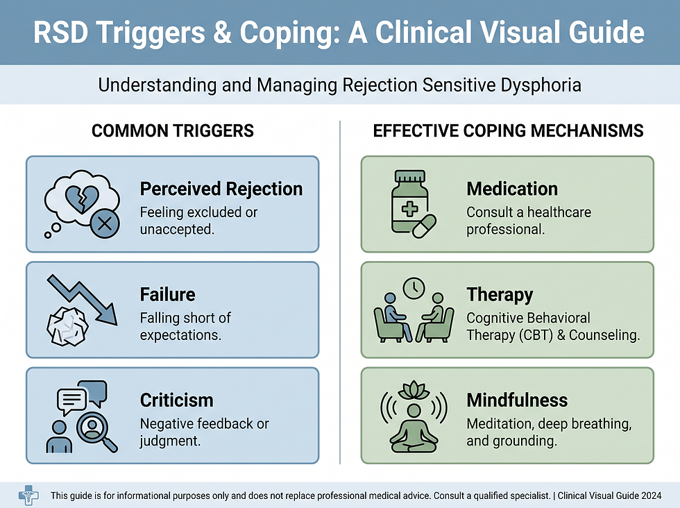 Infographic of common RSD triggers, including perceived rejection, failure, and criticism, alongside coping mechanisms such as medication, therapy, and mindfulness