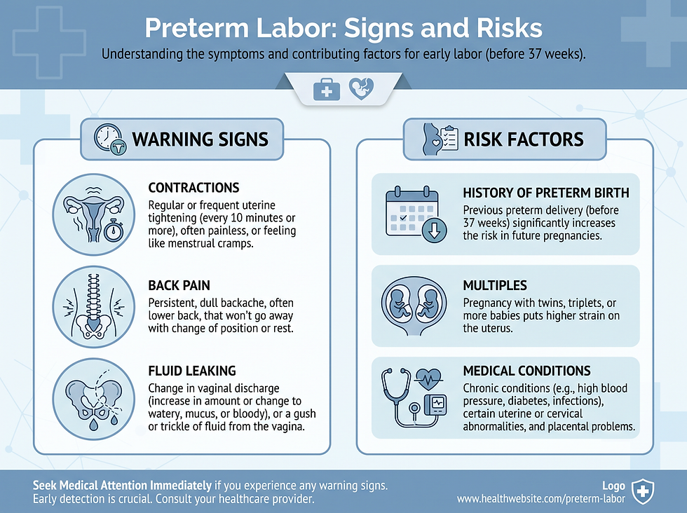 Infographic of preterm labor warning signs, such as contractions, back pain, and fluid leaking, alongside risk factors such as prior preterm birth, multiples, and medical conditions.