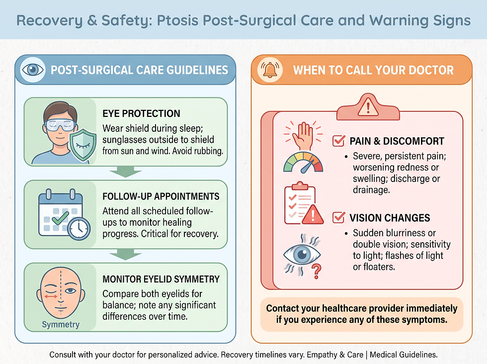 Infographic on post-surgical ptosis care, covering eye protection, follow-up appointments and eyelid symmetry checks, plus warning signs that mean you should call your doctor.