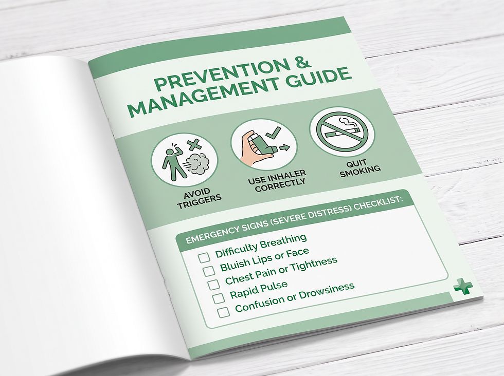 Prevention and management guide for reactive airway disease: avoid triggers, use an inhaler correctly, quit smoking, and a checklist of emergency signs of severe distress.