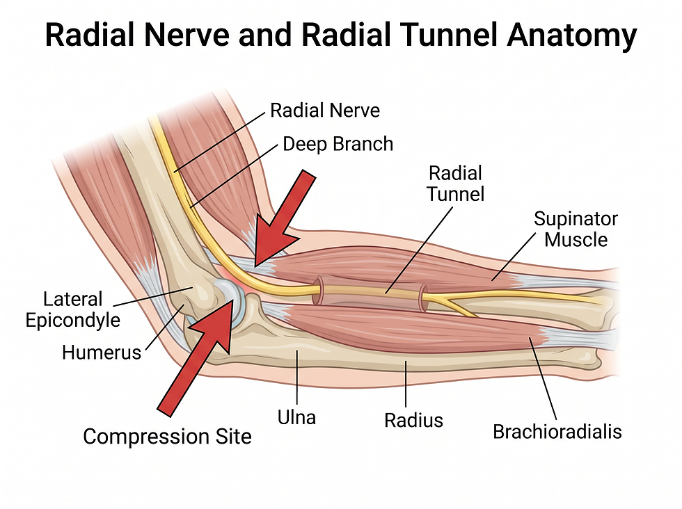 Labeled anatomical diagram of the elbow showing the radial nerve, its deep branch, the radial tunnel, the supinator muscle, and the compression site near the lateral epicondyle.