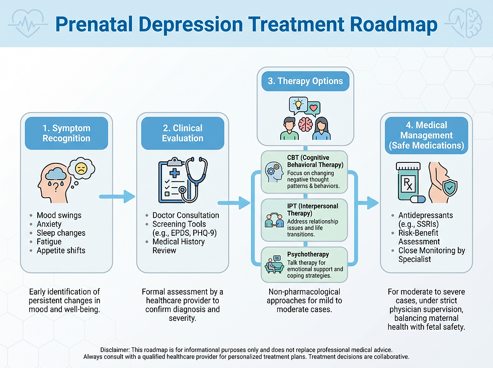 Treatment roadmap for prenatal depression: symptom recognition, clinical evaluation, therapy options such as CBT and IPT, and medication management.
