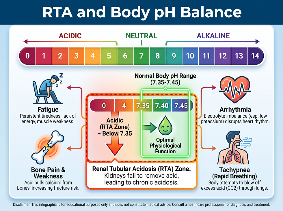 Infographic of the normal blood pH range of 7.35 to 7.45 and the symptoms of renal tubular acidosis: fatigue, bone pain, arrhythmia and rapid breathing