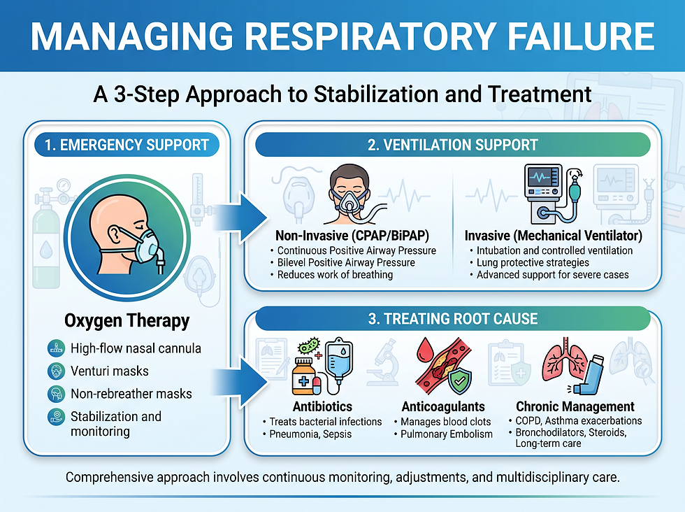 Managing respiratory failure: oxygen therapy, ventilation support, and treating the root cause