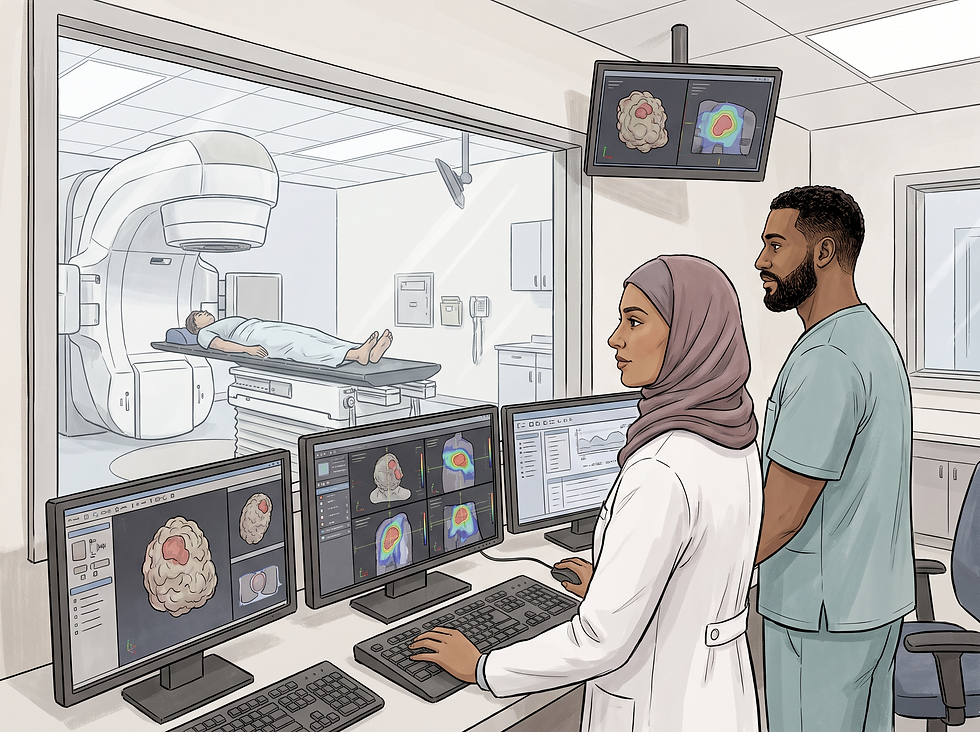 Radiation oncology team members monitoring treatment planning screens while a patient lies on a linear accelerator treatment table in the adjoining room.