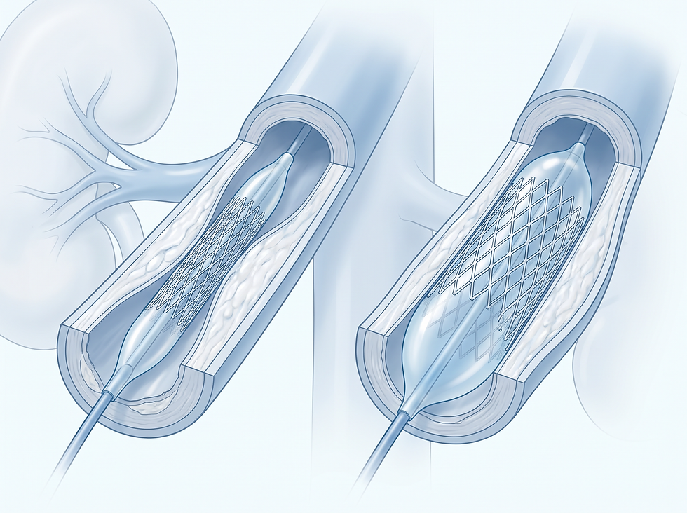 Illustration of the renal artery stenting mechanism showing a stent holding a narrowed kidney artery open to restore blood flow