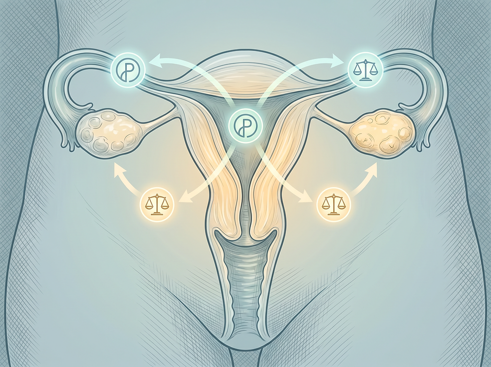 Illustration of the female reproductive system with progesterone and balance-scale icons showing how progestin supports hormonal balance.