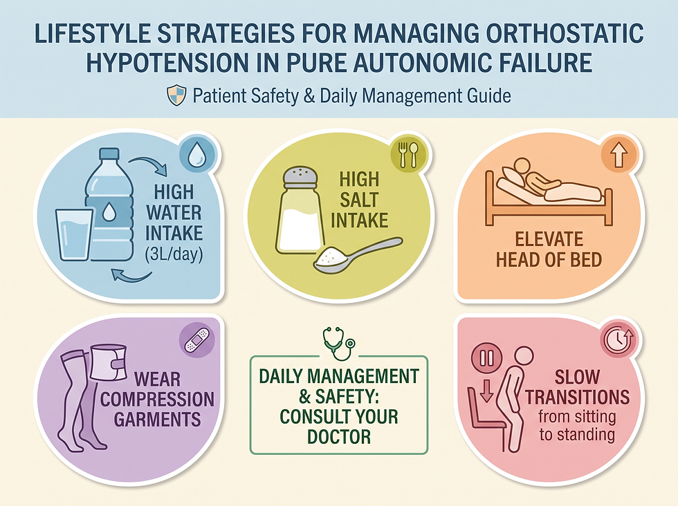 Lifestyle strategies for orthostatic hypotension in pure autonomic failure: high water intake, high salt intake, elevating the head of the bed, compression garments and slow transitions from sitting to standing.