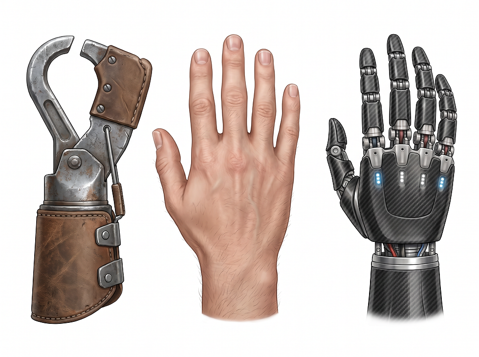 Prosthetic hand types: a comparison showing a rugged body-powered hook, a cosmetic silicone restoration, and a multi-articulating bionic hand.