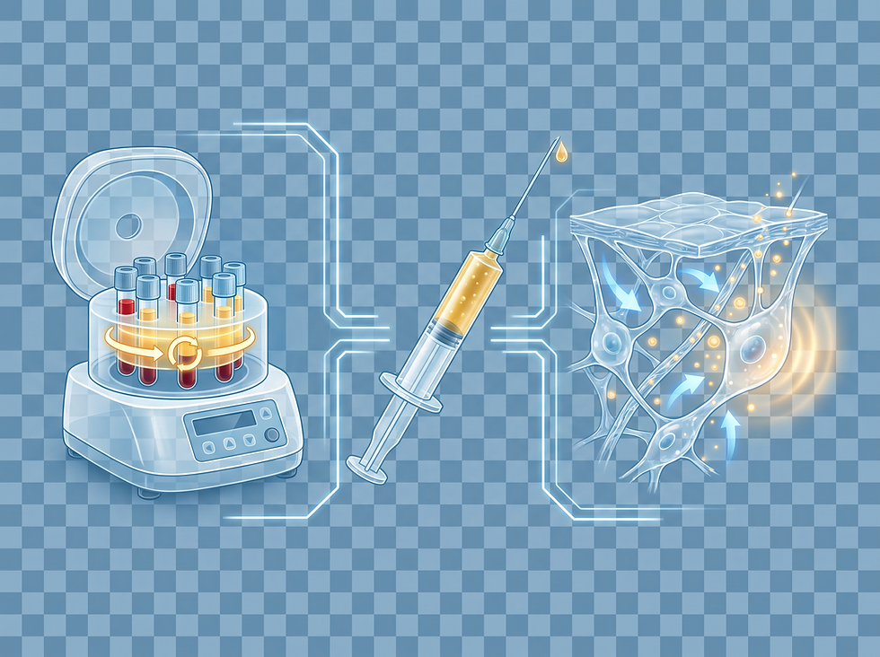 Conceptual illustration of the P-Shot: a centrifuge separating platelet-rich plasma from blood, a syringe of PRP, and the theoretical effect on tissue