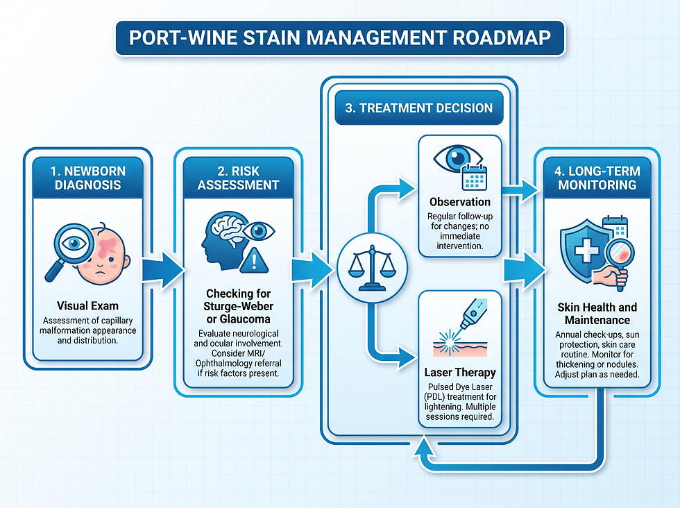 Clinical roadmap for port-wine stains covering visual examination, screening for glaucoma and associated syndromes, imaging when needed, and laser therapy for management.